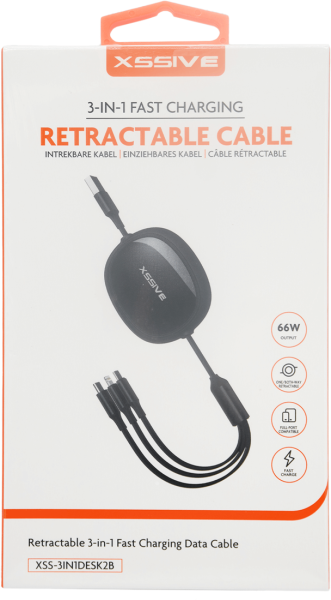 Xssive 3in1 Retractable Fast Charging Cable XSS-3IN1DESK2B - Black